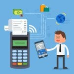 Mobile payments with smartphone. Payment terminal concept. Online transactions, paypass and NFC. Cartoon flat style vector illustration.
