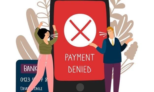 an illustration of a woman and a man arguing. Between they is a smartphone with the message on the screen: "payment denied"